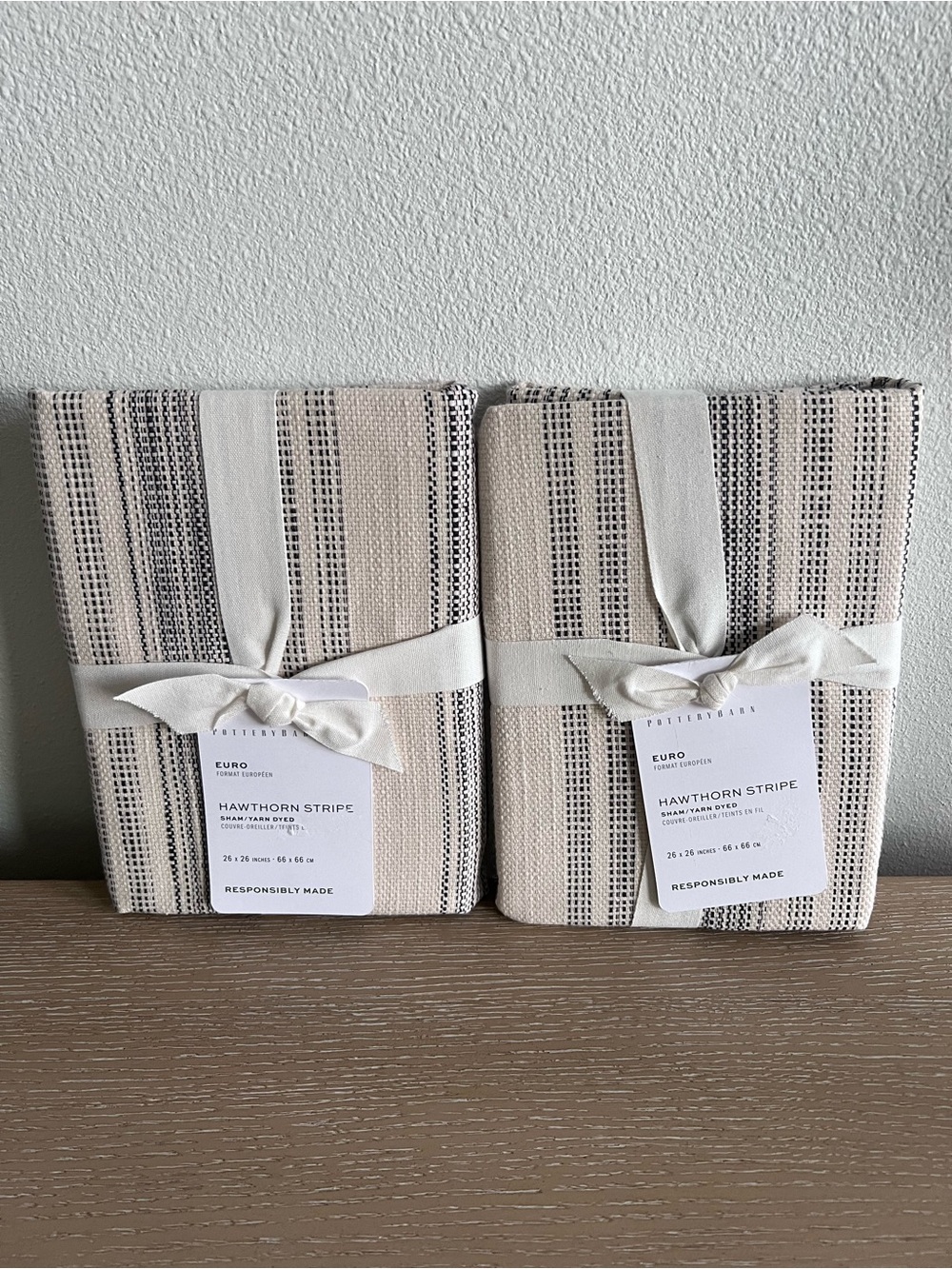 Pottery Barn Hawthorn Stripe Euro Pillow 2 Covers Neutral Beige with Black Stipe